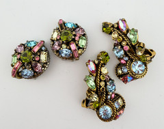 Hollycraft Pastel Rhinestone Parure Necklace Brooch Rings Earrings 6 Pc Lot 1953