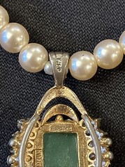 Vintage Designer Lanvin Emerald Rhinestone? Pendant 14k Gold Pearl Necklace