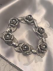 3 Piece Set Vintage Silver Tone Roses W Rhinestones Necklace Bracelet Brooch