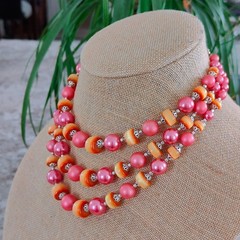 Vintage Japan 3 Strand Pink Apricot-Orange Bead Statement Choker Necklace 1950s