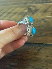 Marcasite Sterlling Silver Chunky Ring, Double Teardrop Turquoise Stone Ring
