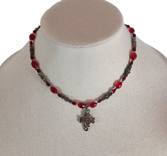 Cookie Lee Red Faceted Glass Silver Tone Daisy Beads Pendent Necklace 9 1/2″ NWT