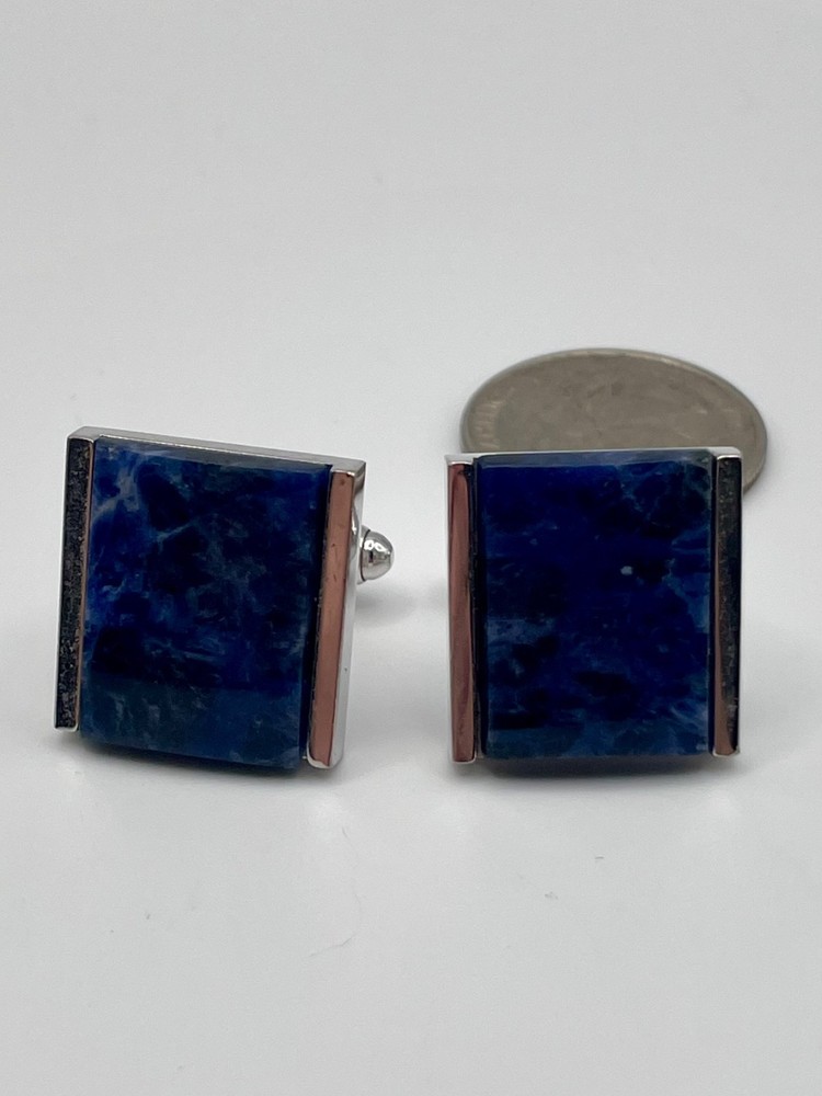 Vintage Dante Silver Tone Blue Sodalite Cufflinks Mid Century Rectangle Stone