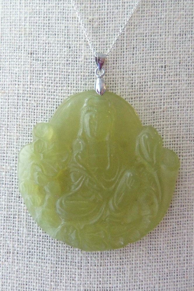 925 Sterling Silver Findings Hand Carved Jade Buddha Pendant Necklace