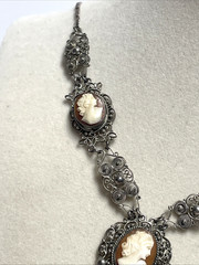 Vintage 800 Silver Filigree Cameo Parure Necklace, Earrings, and Bracelet Set