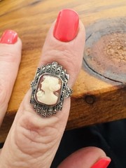 Vintage Carved Shell Cameo Marcasite cocktail band Ring size 4