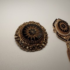 Vintage Victorian Revival Brooch Lot of 2 Gold Black Enamel Tassel Filigree