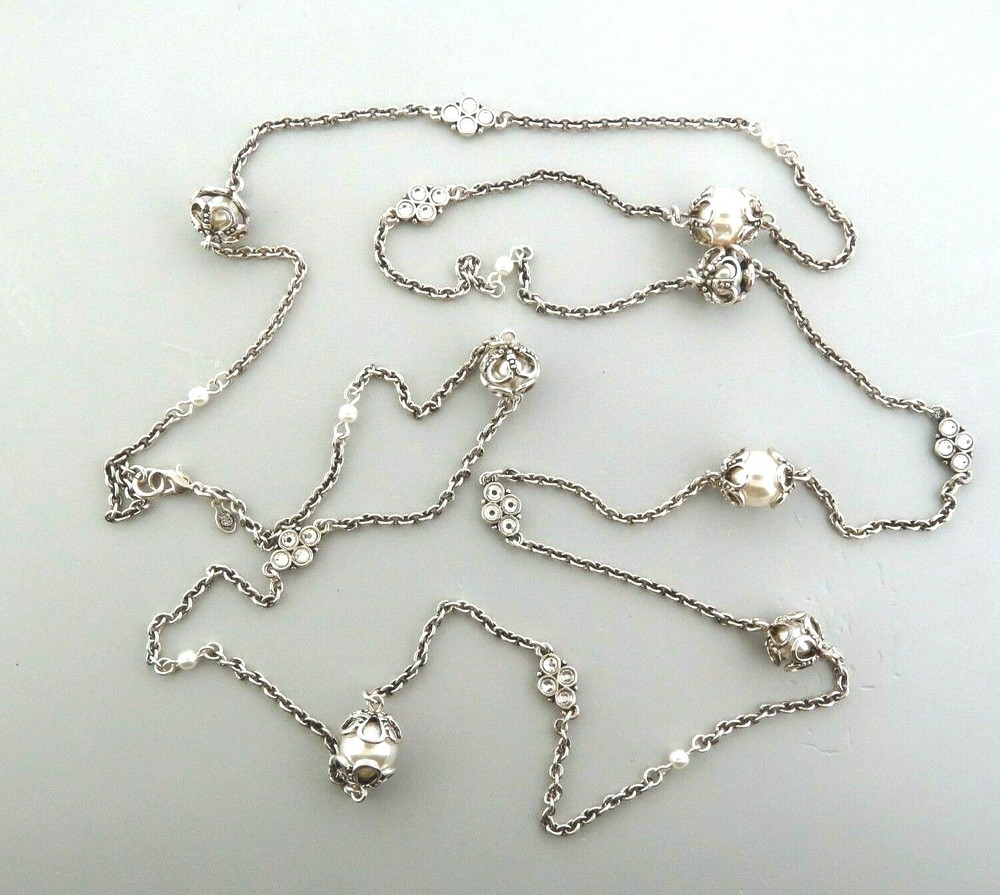 Vintage Premier Designs Faux Pearl Station Necklace .5 x 56 in