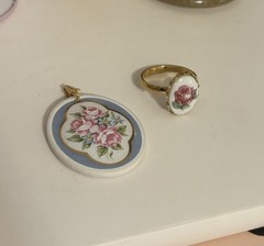 Vintage Pink Rose Hand Painted Porcelain Pendant and Gold Tone Ring – Size 7