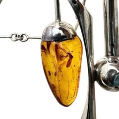 Unusual Rare Vintage Modernist Sterling Silver Amber Necklace 2 Bugs In Amber