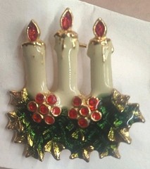 Vintage Enamel Christmas Holiday Candle Brooch Pin White Red & Green