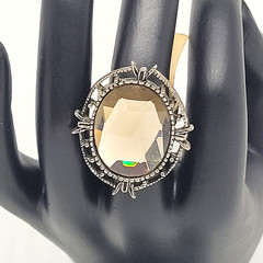 Cocktail Ring Smoky Crystal Gray SZ 7 Ornate Dark Metal