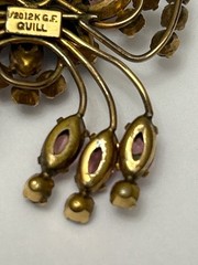 Quill 12K GF Gold-Filled Pink & Blue Floral Rhinestone Brooch Pin Vintage 1950s