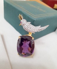 Cushion Cut Lab Amethyst Bird On A Rock Brooch 925 Fine Silver Luxurious Jewelry