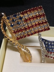 Rafaelian Multicolor Rhinestone Gold Tone American Flag Pin Brooch + Smaller Pin