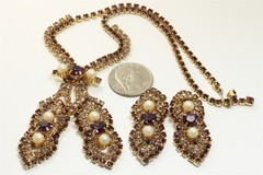 Vintage Designer SIGNED Purple Crystal Rhinestone Necklace & Earrings Set