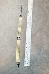 Vintage 3 Strand Faux Pearl Choker Necklace Smoky Rhinestone Gunmetal Clasp