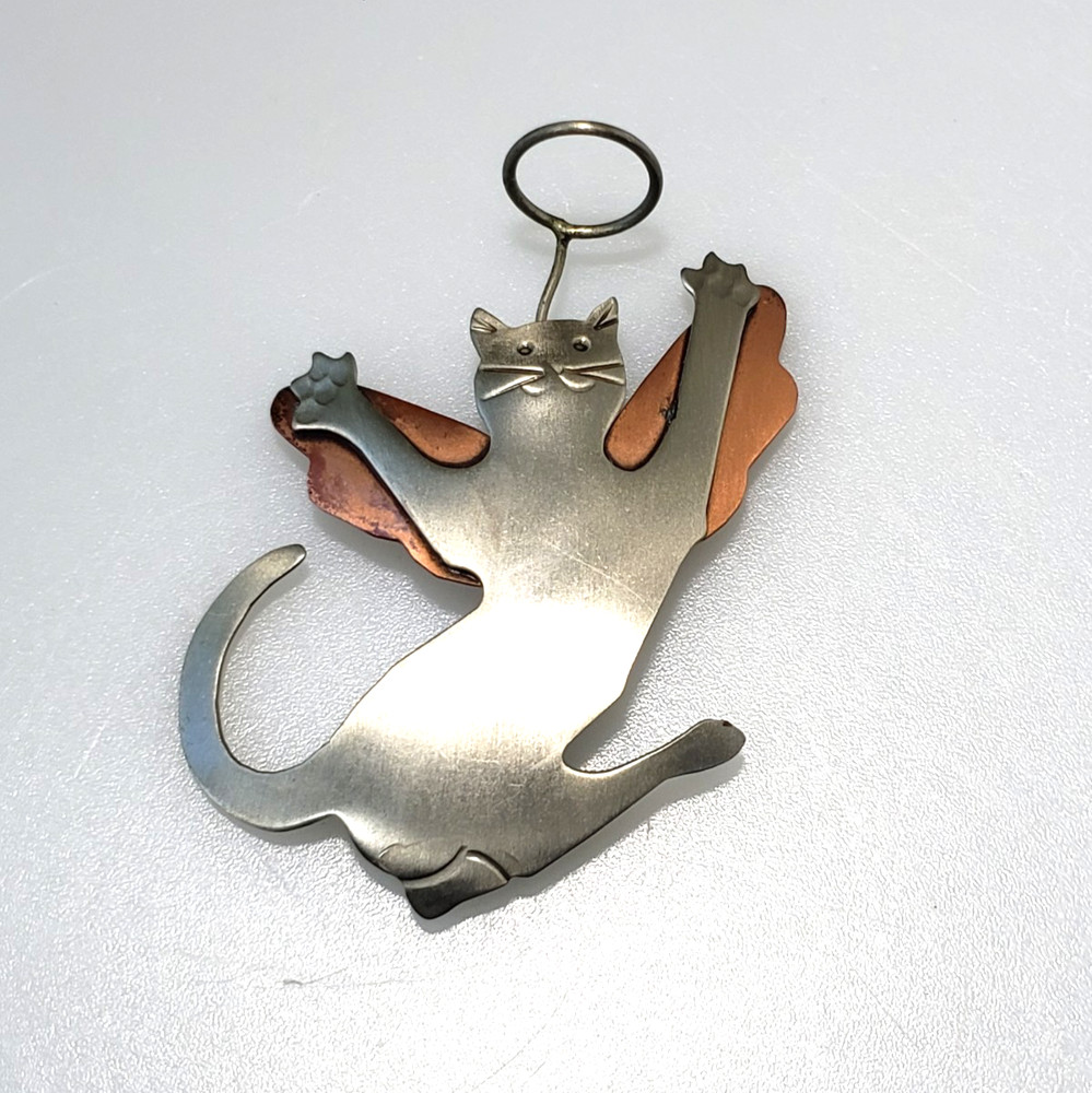 Vtg Mixed Metals Cat Angel Brooch Wings Halo signed Anna Silver Copper tone AE3