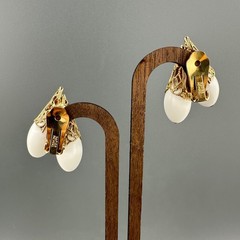 Vintage Napier Earrings Gold Tone Filigree Cap White Bead Tall Climber 1950s