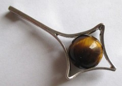 1.5in SMALL VINTAGE STERLING SILVER FINLAND MODERNIST PENDANT TIGER’S EYE ORB