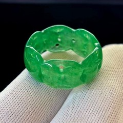 Natural Translucent green Jade Wide-Band Ring Hollow-out, Width 11mm, Size 11.75