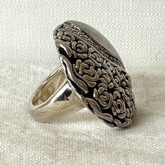 Artisan Sterling Silver Rose Dome Ring – Floral Overlay, Size 7, 1990s–2000s