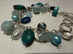 Vintage Signed Sajen 925 Sterling Silver Multi-Gemstone Charm Bracelet Moon Face