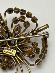 Quill 12K GF Gold-Filled Pink & Blue Floral Rhinestone Brooch Pin Vintage 1950s