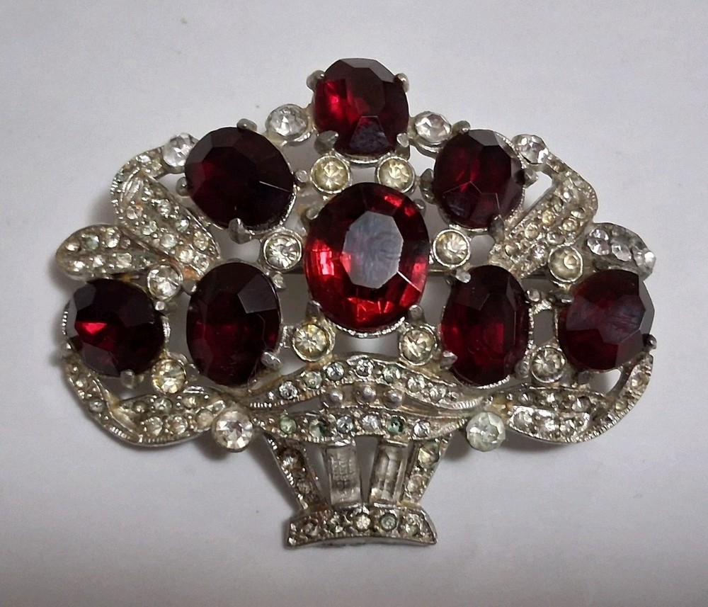 1930s red & clear rhinestone brooch, basket, flower bouquet, statement piece