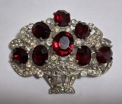 1930s red & clear rhinestone brooch, basket, flower bouquet, statement piece