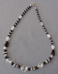 Antique Art Deco Glass Bead Necklace Black & Clear 17″ Re-Strung