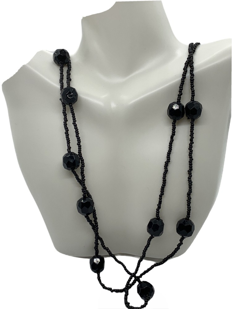 Vintage Black Beaded Necklace 29 in LONG