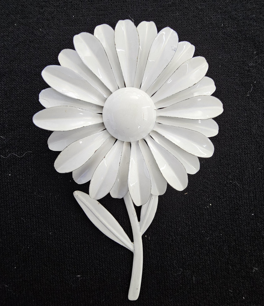Vintage White Double Layered Daisy Flower Brooch Pin with Stem 2″ Mod 60s Retro