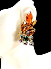 TARA BY JULIANA D&E ORANGE TOPAZ NAVETTE CRYSTAL AB RHINESTONE CLIP EARRINGS