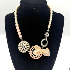 Vintage Asymmetrical Statement Necklace Faux Pearl Pink Bead Rhinestone Bow