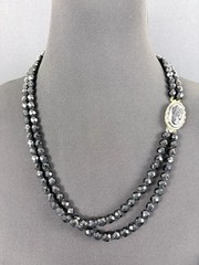 Black Glass Beaded Necklace Double Strand Cameo Clasp Art Deco French Jet Vtg