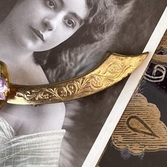 Antique Victorian Crescent Bar Brooch – Gold Plate – Lavender Paste – C-Clasp