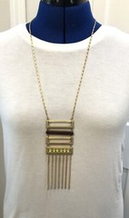 Unique Statement Gold Tone Necklace with Pendant Wood Rhinestone Dangle Boho Art