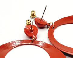 Large Metal Hoop Red Black White Enamel Hand Painted Pierced Vintage Earrings