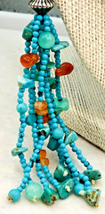 Vtg 58 Inch Beaded Tassel Lariat Necklace Sterling, Turquoise , Chrysoprase etc.