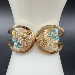 Vintage Blue Rhinestone & Faux Pearl Pendant Necklace & Clamper Bracelet Set