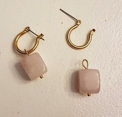 Gold Snap Top Hoops .5″ Pierced EARRINGS with Removable Pink Quartz Cube dangles