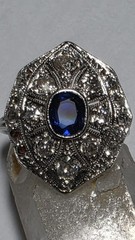 Antique Platinum Old European And Mine Cut Diamonds Blue Synthetic Sapphire Ring