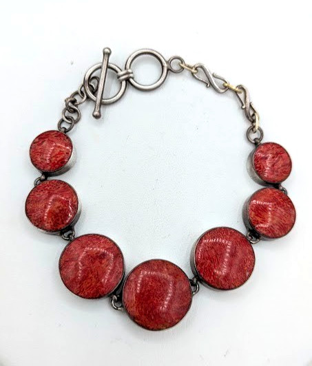 Vintage Stone Bracelet Sterling Silver 925 Composite Red Bezel Set Toggle 7-8″