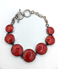 Vintage Stone Bracelet Sterling Silver 925 Composite Red Bezel Set Toggle 7-8″