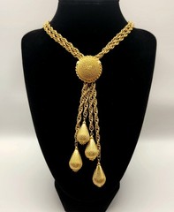 Vintage Gold Tone Lariat Necklace Adjustable Slider Bead Tassel Drop Statement