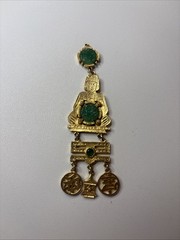 Vintage Chinese-Inspired Faux Jade Gilt Metal Pendant w/Dangles- Costume Jewelry