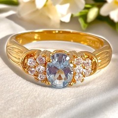 Vintage 1970s Cocktail Ring Size 7 Blue CZ 18KT Gold Plate – 14U