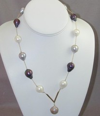 Vintage 14-18mm Gray Black White Baroque Pearl V Necklace 14k 17.75” Tahitian