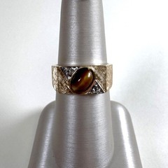 10K Tiger’s Eye-Diamond Unisex Ring, Florentine Finish Yellow Gold, Estate Band